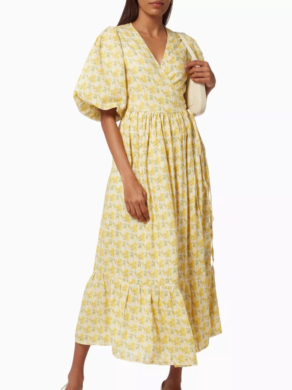 FAITHFULL THE BRAND Thulla Dahlia Floral Print Linen Wrap Midi Dress Size 12
